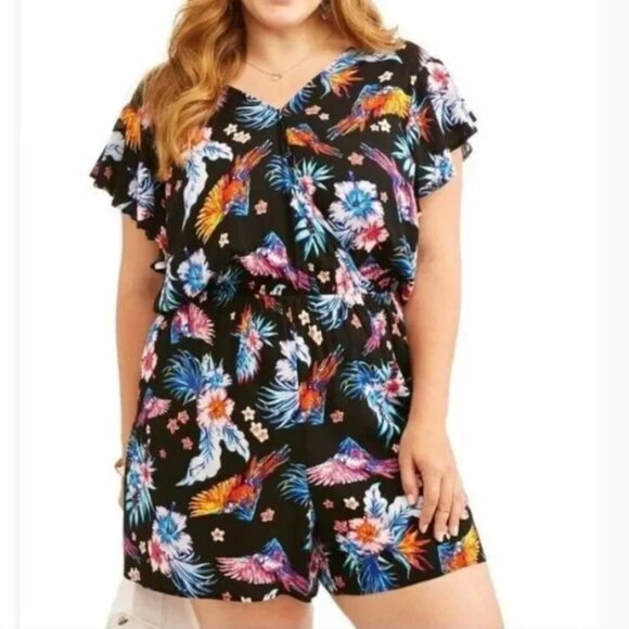 Terra & Sky Pants - Terra & Sky Women's Plus Ruffle Sleeve Romper Tropical Print NWT